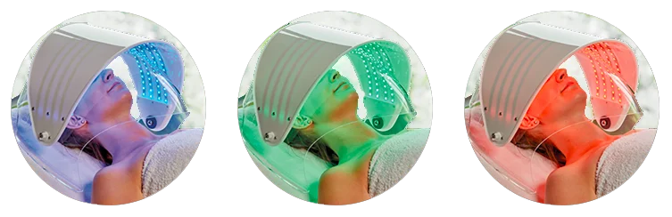 Die drei Farblichtspektren der Dermio Care® Plus Haube: Blau, Grün und Rot