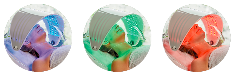 Die drei Farblichtspektren der Dermio Care® Plus Haube: Blau, Grün und Rot